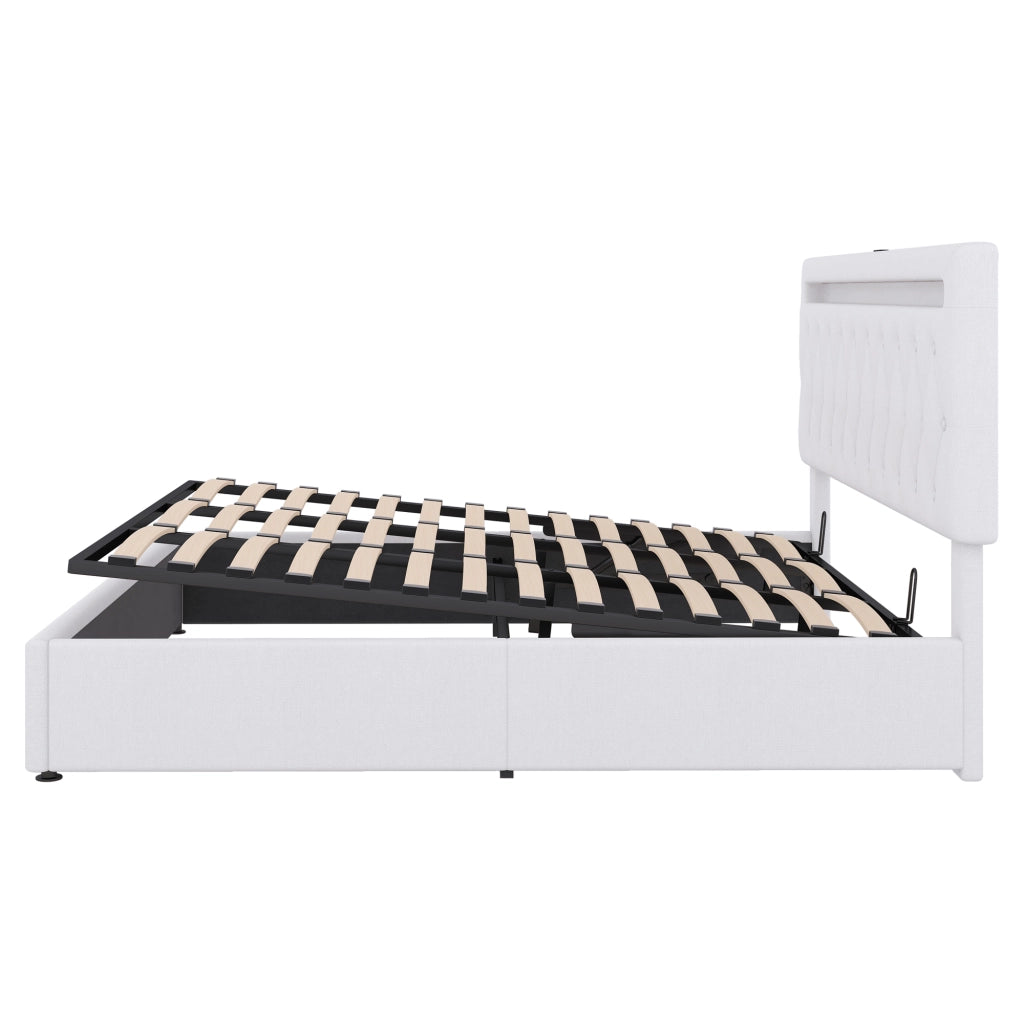 Letto doppio imbottito 180x200cm con ripostiglio; USB e Tipo C in bianco
