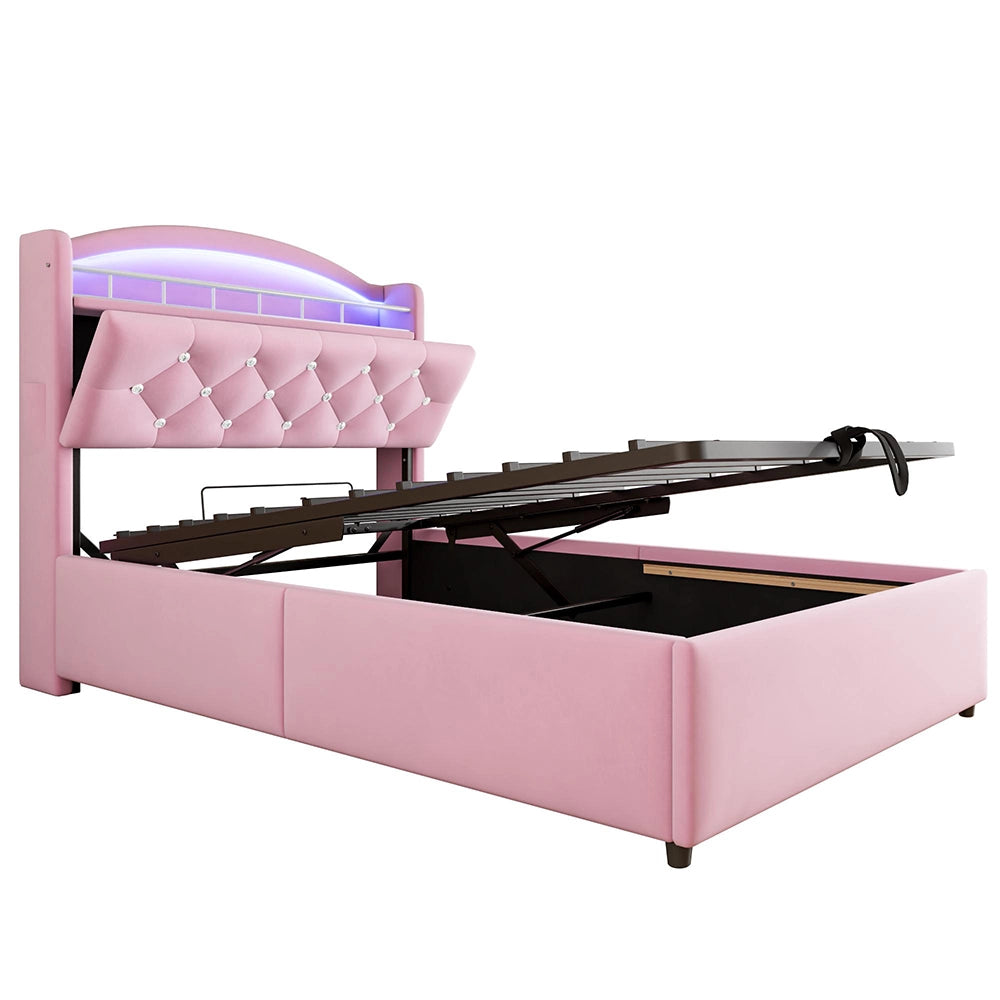 Letto bambino-Xylo-90x200 cm-LED, USB, spazio idraulico, velluto rosa