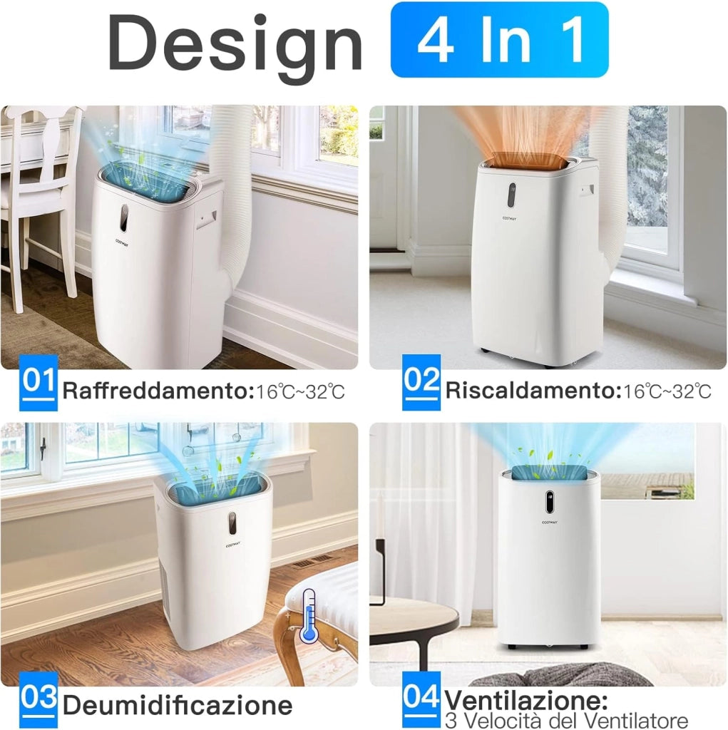 Condizionatore Portatile Caldo e Freddo, 16000BTU/4,7 kW, 5 in 1 Con Raffreddamento, Ventola, Riscaldamento, Deumidificazione e Modalità Notturna, 24H Timer, R290 (16000BTU|35m²+)