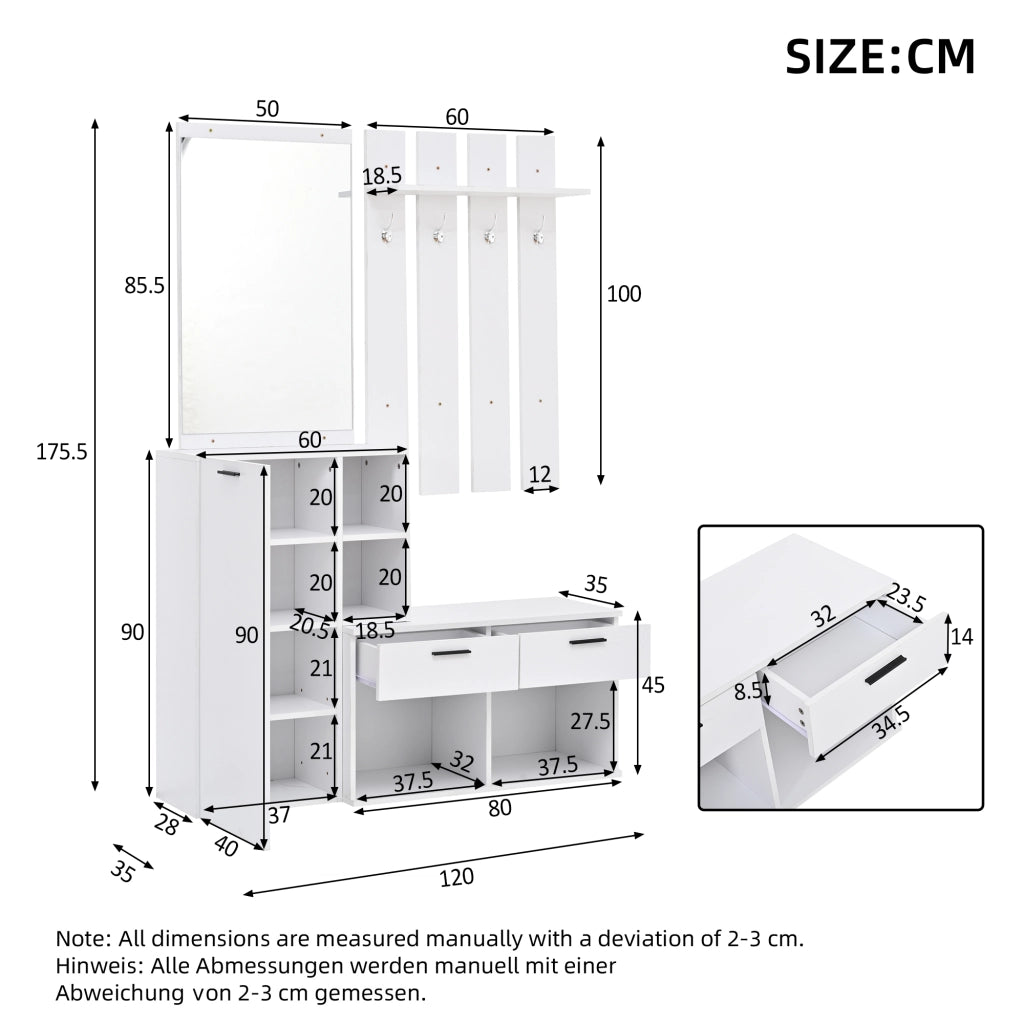 Set da ingresso composto da scarpiera, specchio e ganci appendiabiti, con 2 cassetti, in MDF, bianco