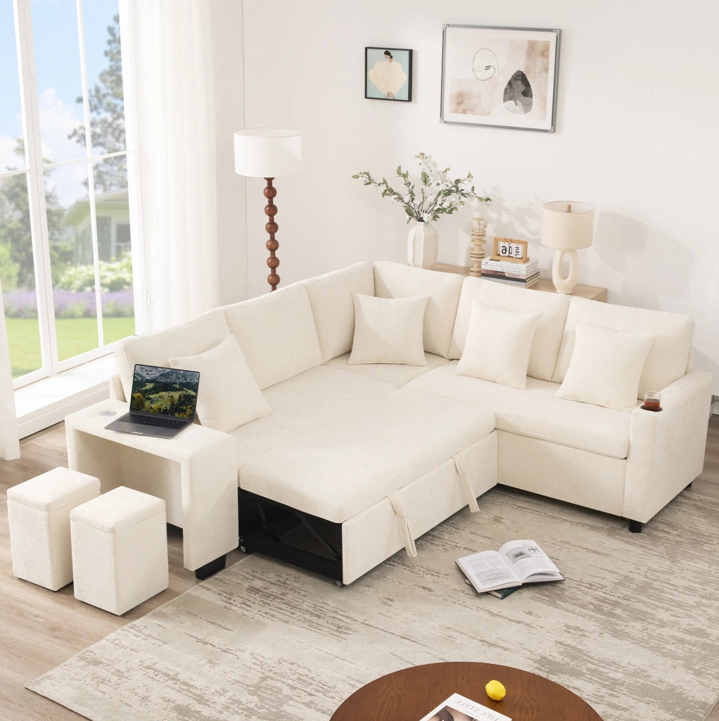 Divano angolare modulare 5 posti con letto e contenitore; in chenille beige; 220x205 cm