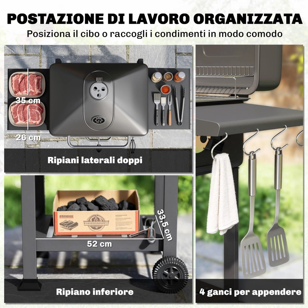 Barbecue a Carbone con Affumicatore ¨C Xylo ¨C Nero con Termometro e Mensole Laterali