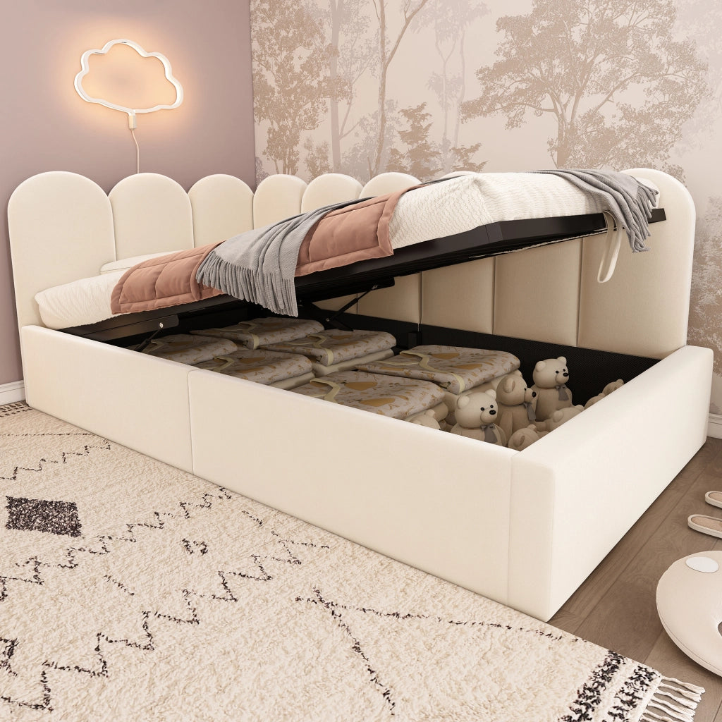 LETTO Contenitore 90x200 cm Velluto Beige con rete a sollevamento idraulica