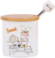 Suikerpot ceramica con coperchio in legno e cucchiaio in acciaio inossidabile con disegno di gatto per la cucina e la colazione a casa, 266 ml (9 oz)