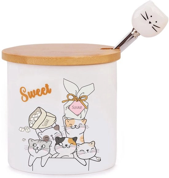 Suikerpot ceramica con coperchio in legno e cucchiaio in acciaio inossidabile con disegno di gatto per la cucina e la colazione a casa, 266 ml (9 oz)