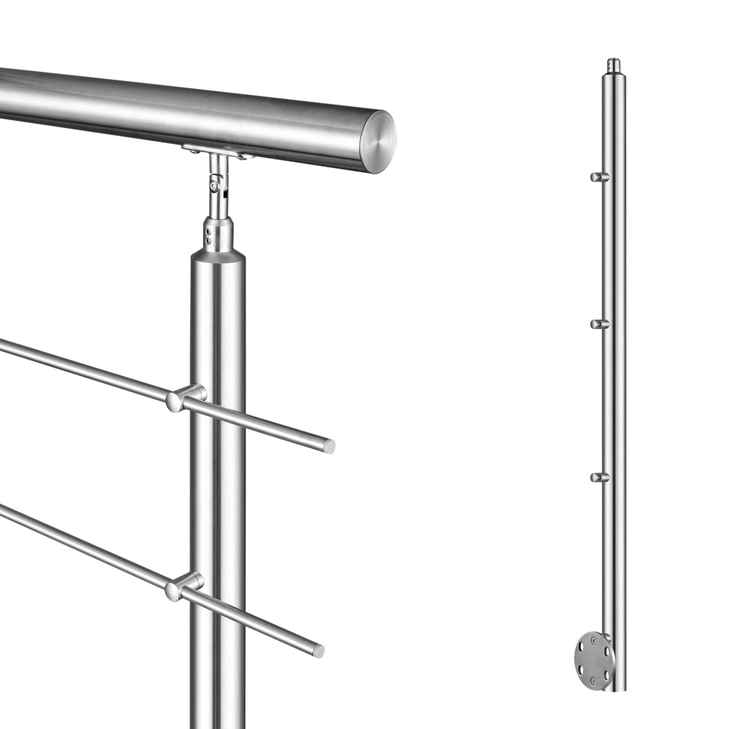 Ringhiera Balaustra Corrimano in acciaio inox 304 spazzolato per scale 120 cm, 3 barre trasversali, fissaggio laterale, per interni ed esterni