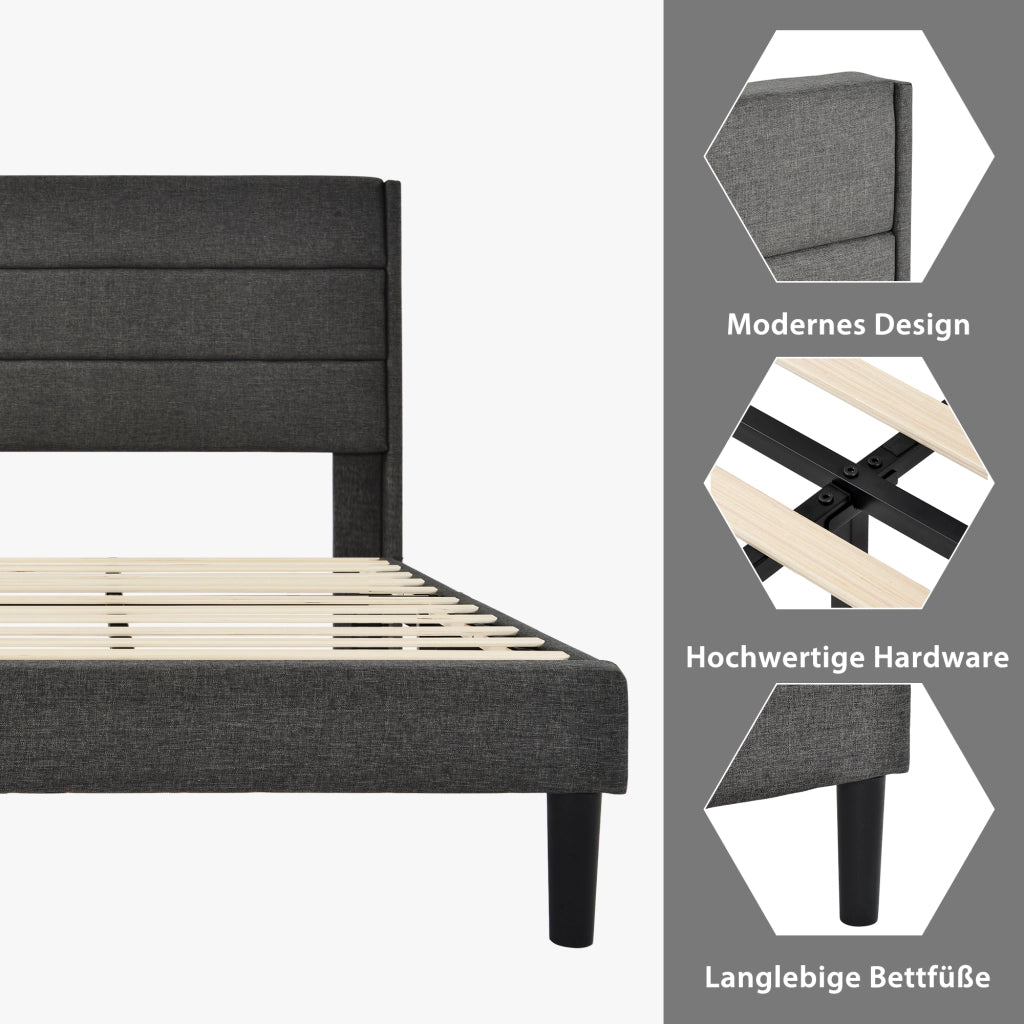 Letto singolo imbottito – 90x200 cm – rete testiera design moderno – lino grigio