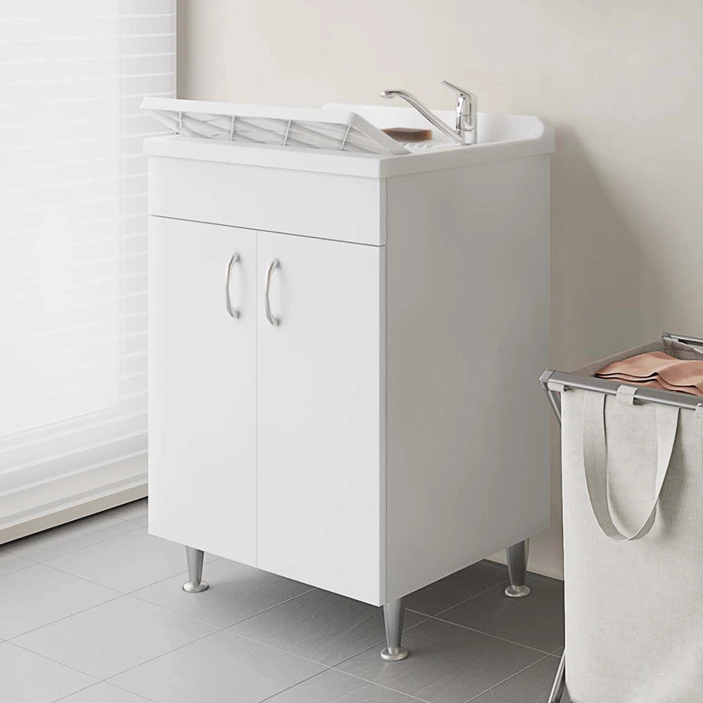 Set lavanderia con lavatoio base e pensile in legno bianco Fedra