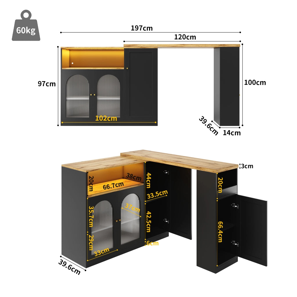 Bartisch Girevole 360¡ã con Scrivania, Credenza, LED e Ante in Vetro ¨C Xylo ¨C Nero Opaco, Legno, 198x39.6x97