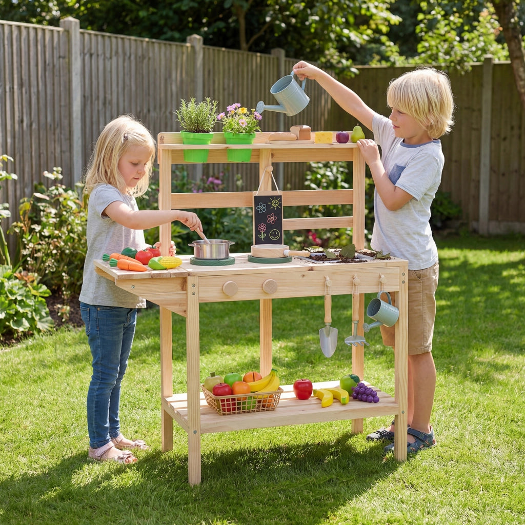 Set da cucina giocattolo per bambini legno fornelli lavello manopole rotanti-Cucina gioco da chef lavagna vasi fiori scaffali 3+ anni