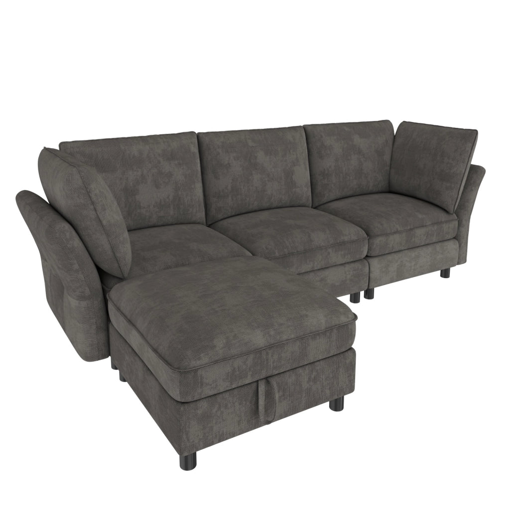 Divano modulare a L 225x137x84 cm in chenille grigio con pouf contenitore e cuscini