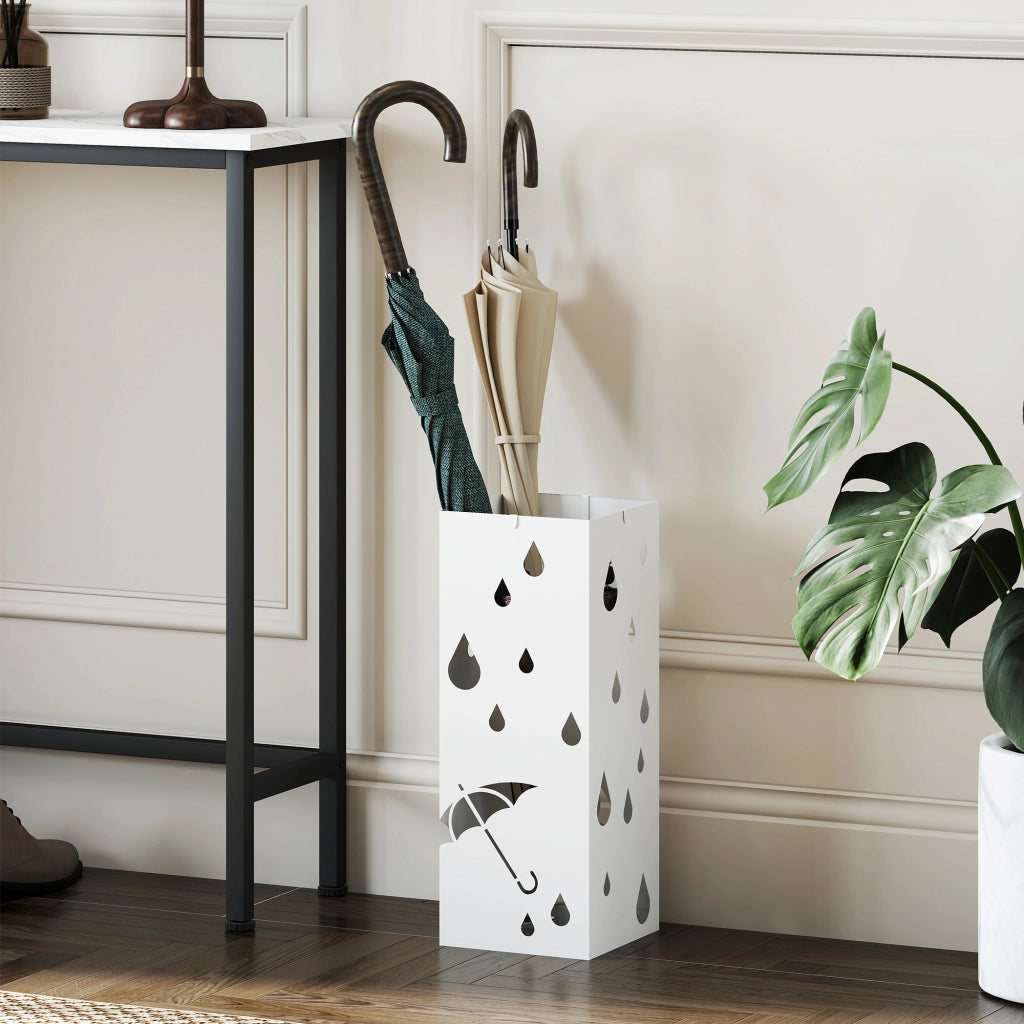 Portaombrelli in Metallo ¨C Xylo ¨C Bianco con 4 Ganci e Vaschetta Raccogligocce 15.5x15.5x41cm
