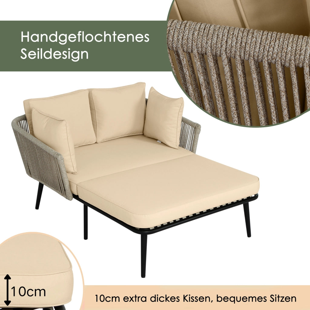 Lettino Prendisole Da Giardino 2 Posti con Cuscini Sfoderabili; Schienale Intrecciato; Acciaio; Kaki