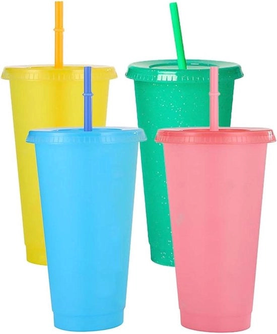 Set di bicchieri in plastica riutilizzabili - 4 pezzi - coperchio e beccuccio - 700 ml - adulti e bambini - festa - bicchieri da viaggio