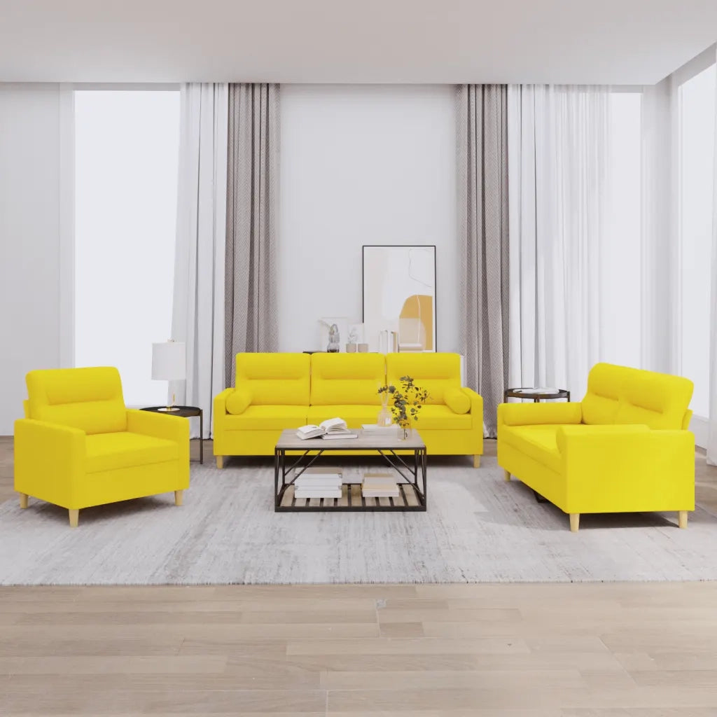 Set di Divani 3 pz con Cuscini Giallo Chiaro in Tessuto