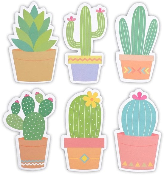 Etichette Adesive con Disegno di Cactus - 6 Pack - Colori Neon - Elenco dei Compiti - Note - 30 Fogli per Blocco - Blocco Note