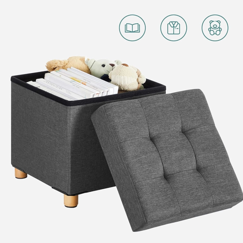 Pouf contenitore grigio scuro con gambe in legno