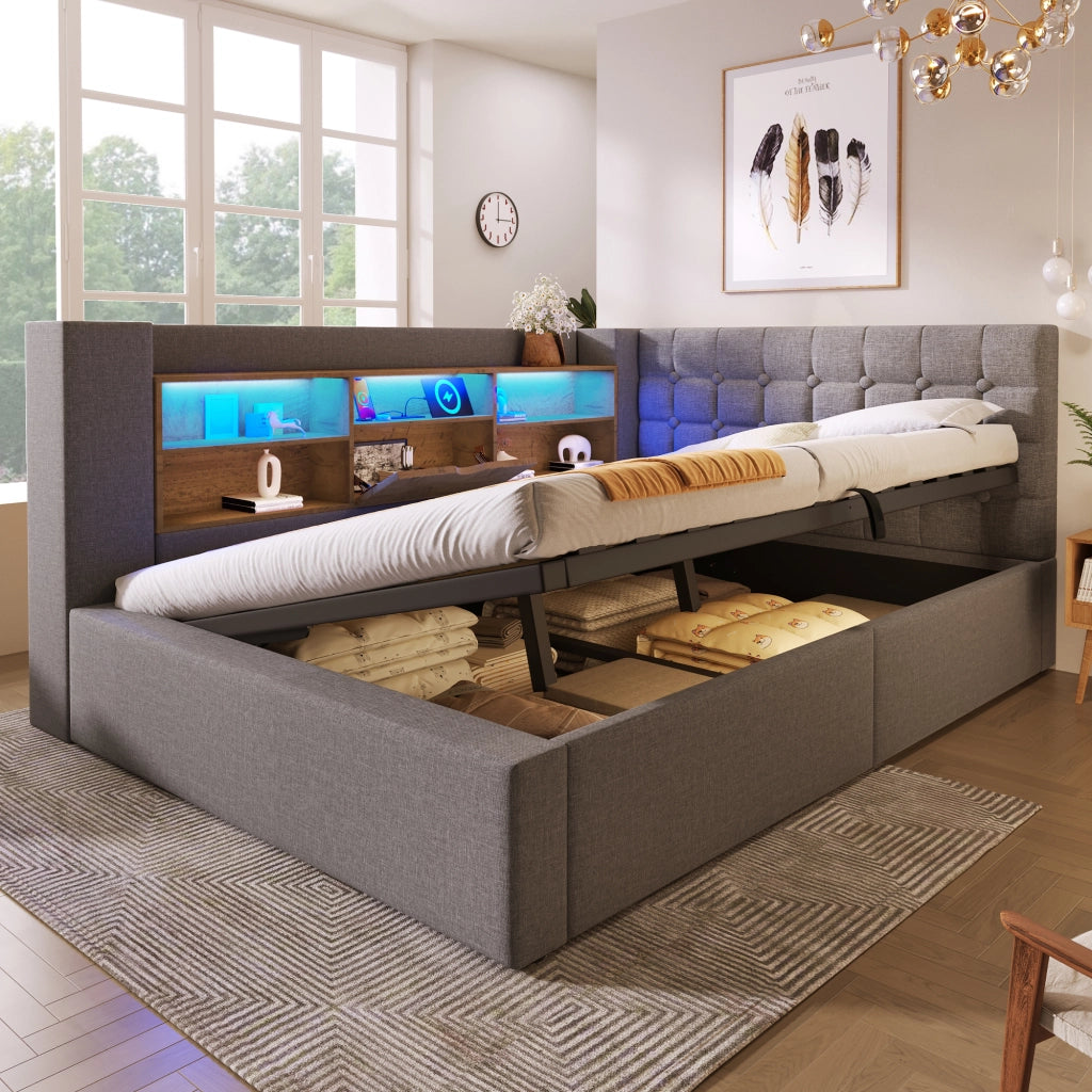 DESMIU Lit 140 × 190 cm 2 posti con LED, USB e Type-C, vano contenitore idraulico, senza materasso, in lino, grigio