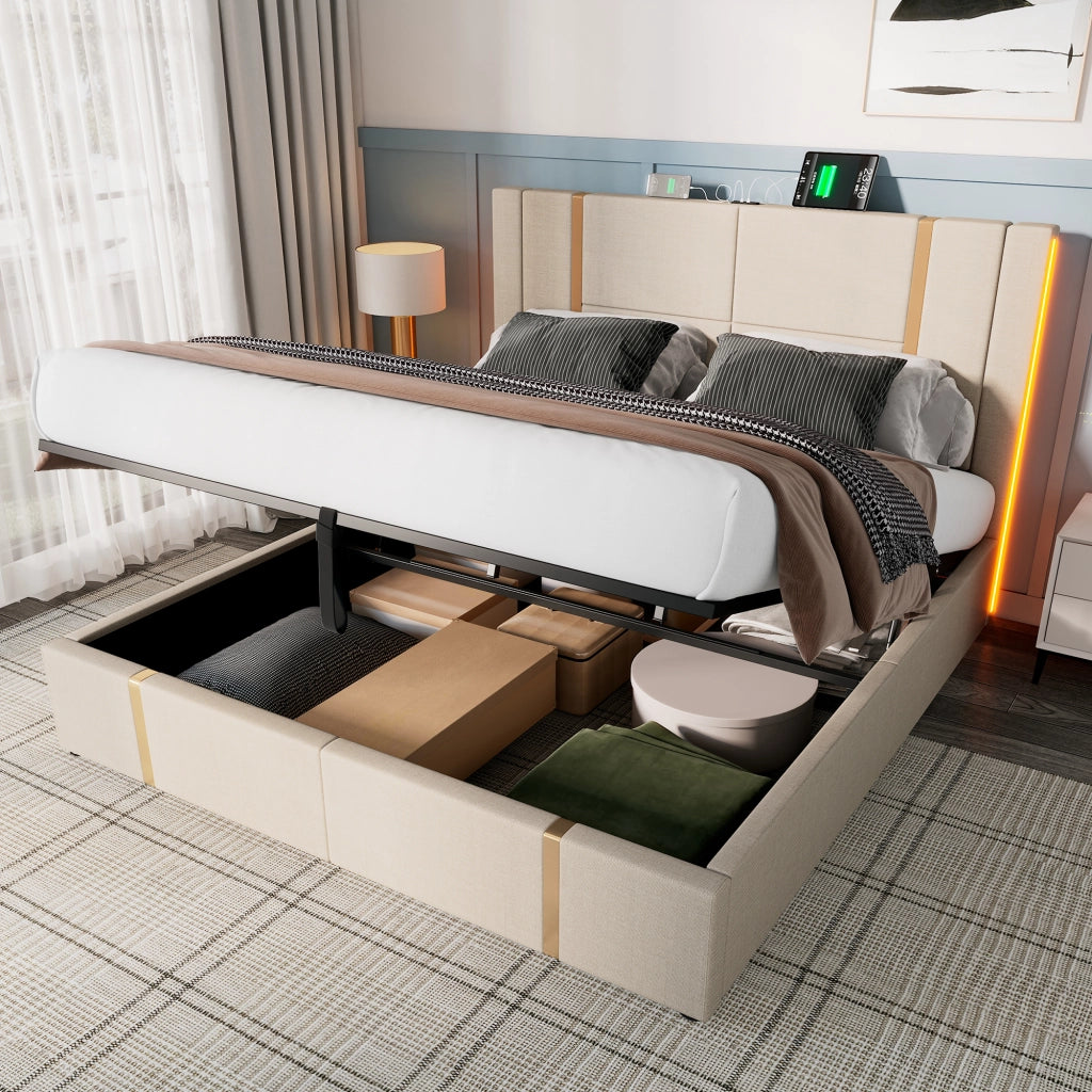 LETTO Matrimoniale 160x200 cm in lino beige con LED, USB e porta Type-C