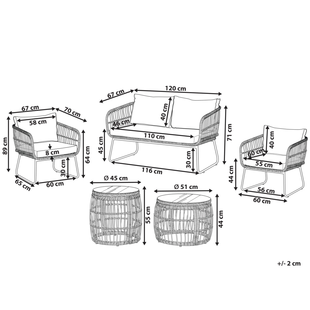 Set Divani Da Giardino Beige Cuscini rattan sintetico Esterni 4 Posti 2 Tavolini