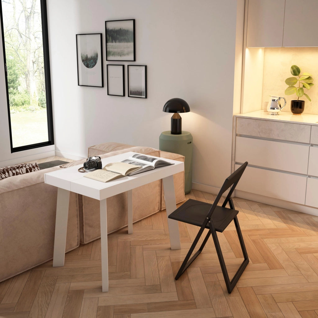 Consolle allungabile, 262x90x73cm, Per 12 persone, Gambe in legno, Bianco e grigio cemento RF3117