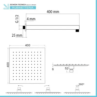 Set doccia nero opaco con braccio soffione quadrato 40x40 e kit doccia