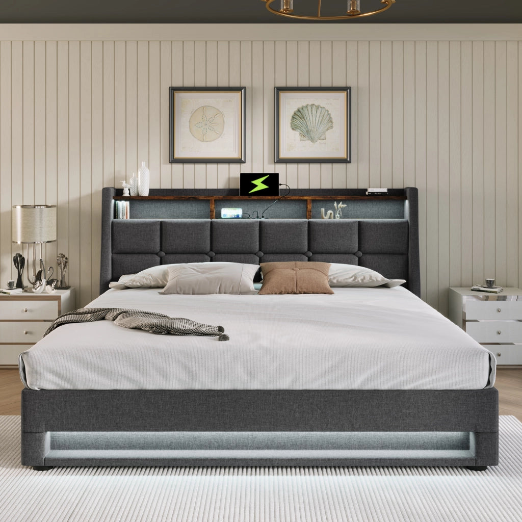 LETTO Contenitore 140x200 cm Grigio in Lino con USB e LED