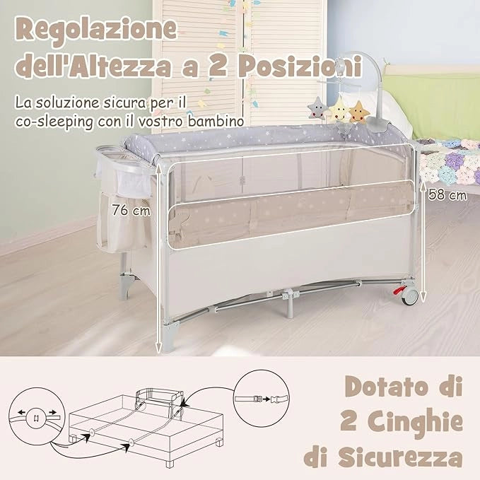 4 in 1 Lettino per Bambini con Materasso, Lettino Culla da Viaggio per Neonati, Culla Neonato con Fasciatoio, Box Portatile Pieghevole, con Ruote e Borsa, 125 x 65 x 119 cm (Beige)