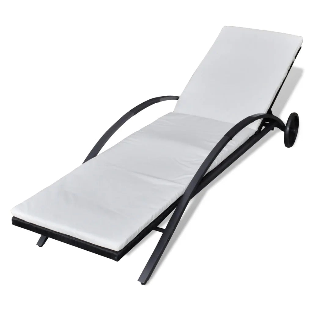 Lettino Prendisole con Cuscino e Ruote in Polyrattan Nero 42489