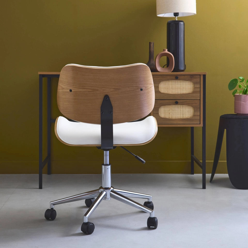 Sedia da ufficio con rotelle, effetto legno curvato e similpelle,