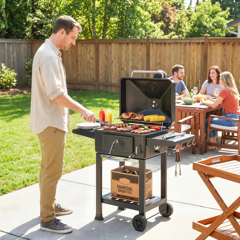 Barbecue a Carbone con Affumicatore ¨C Xylo ¨C Nero con Termometro e Mensole Laterali