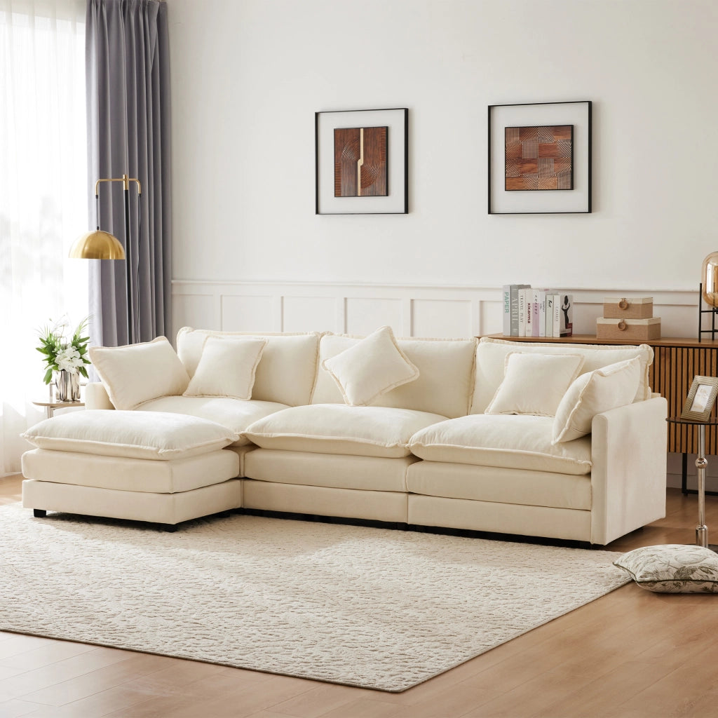 Divano angolare a 3 posti in chenille con pouf mobile e cuscini lombari per relax, beige 283 × 147 × 84 cm