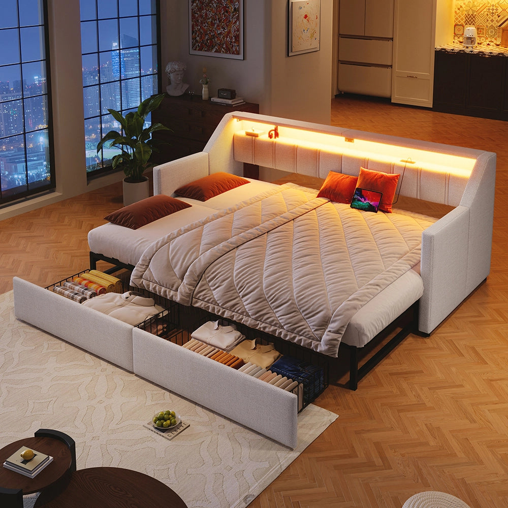 Daybed - Xylo - 90x200 cm LED USB 2 cassetti beige