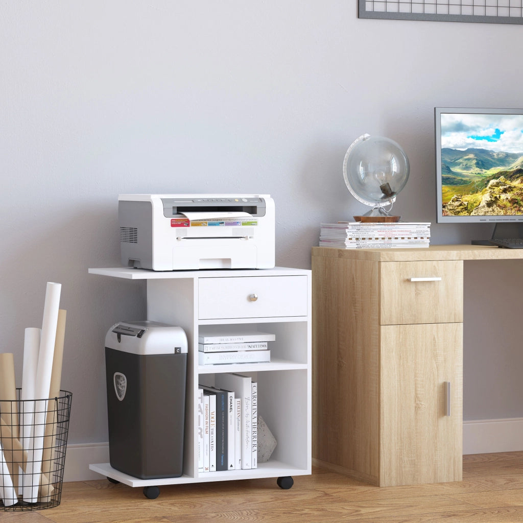 Mobiletto per Stampante in Legno con Ruote e Ripiano Regolabile ¨C Minimal ¨C Bianco
