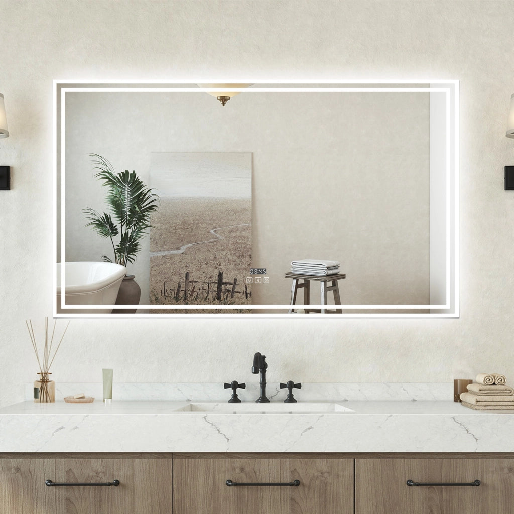 Specchio bagno Rettangolare 100x60cm Led Con 3 Luci Bluetooth + Orologio + Antiappannamento