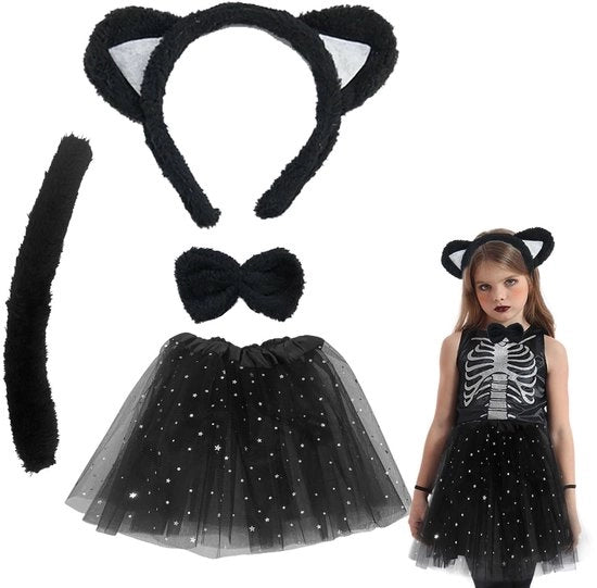 Costume per bambina in costume da gatto - set di cosplay con coda, tutu e gonna - costume da Halloween - costume da ruolo - costume per bambina - costume da animale