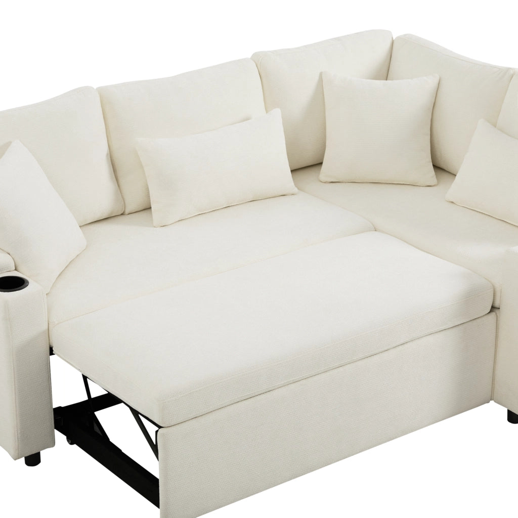 Divano angolare convertibile con vano contenitore, portabicchieri e USB, in Chenille, Beige