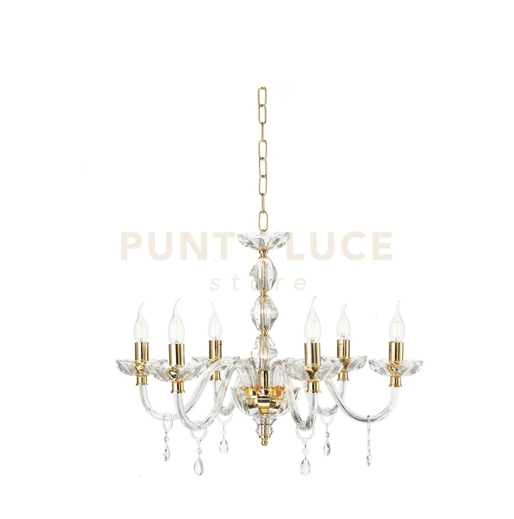 LAMPADARIO BRIGIDA 6 LUCI CRISTALLO E ORO ATTACCO E14 D.70CM