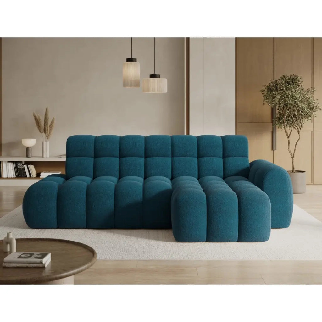 Divano ad angolo convertibile BULLA 3 posti blu angolo destro - tessuto bouclé con estensione della seduta elettrica