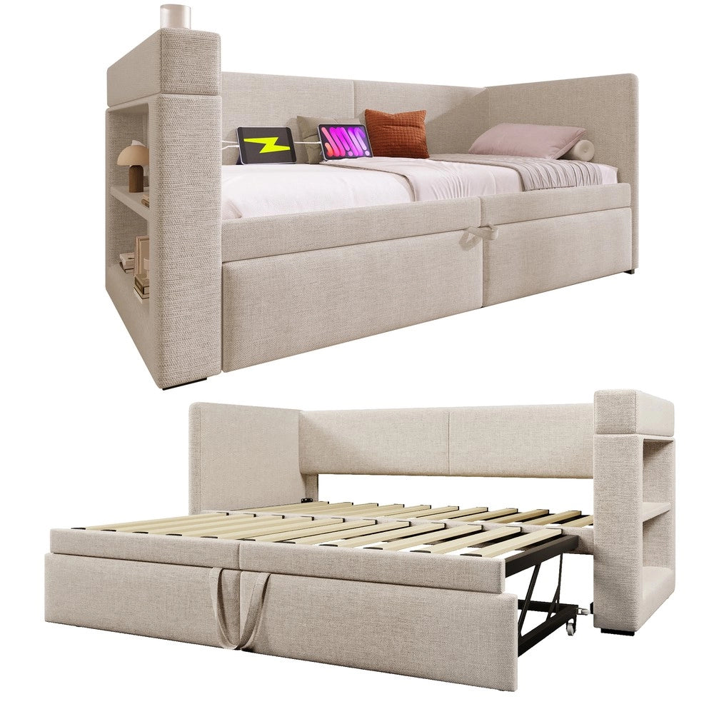 Letto Singolo Imbottito con Rete Estraibile ¨C MINIMAL ¨C Tessuto Beige 90x200
