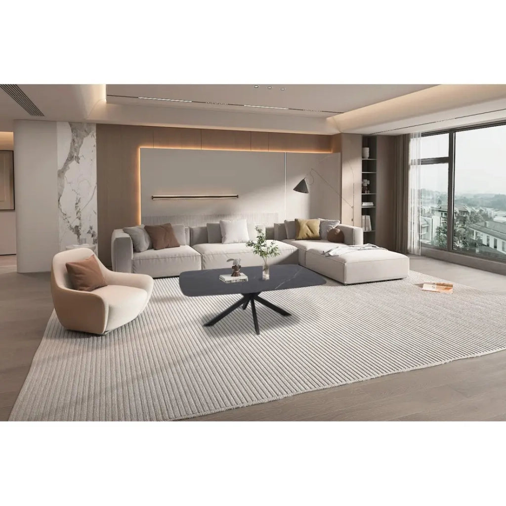 Table bassa ARVENA – Tavolino rettangolare 130x70 cm – Pietra nera & metallo – Design elegante e contemporaneo