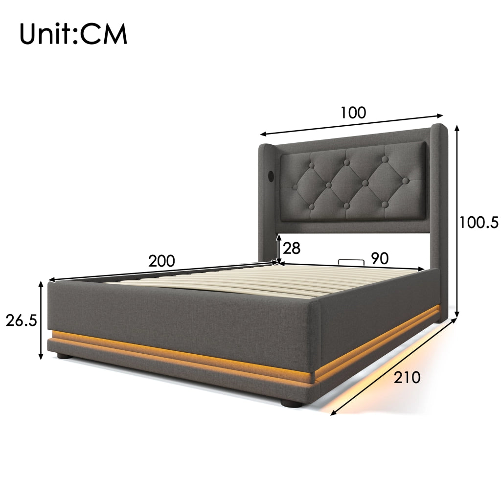 LETTO Contenitore Idraulico 90x200 cm Cotone Grigio con USB e LED
