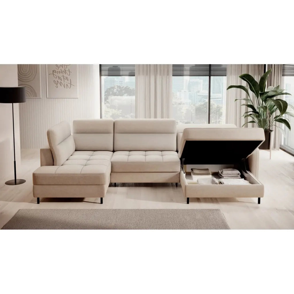 Divano ad angolo convertibile BERTHO 306 cm beige – Angolo destro con vano contenitore