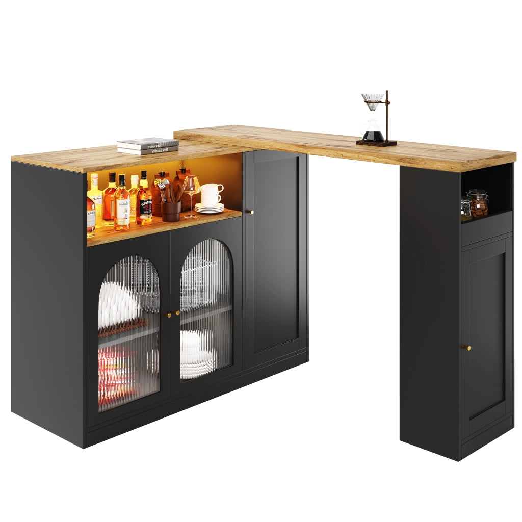 Bartisch Girevole 360¡ã con Scrivania, Credenza, LED e Ante in Vetro ¨C Xylo ¨C Nero Opaco, Legno, 198x39.6x97