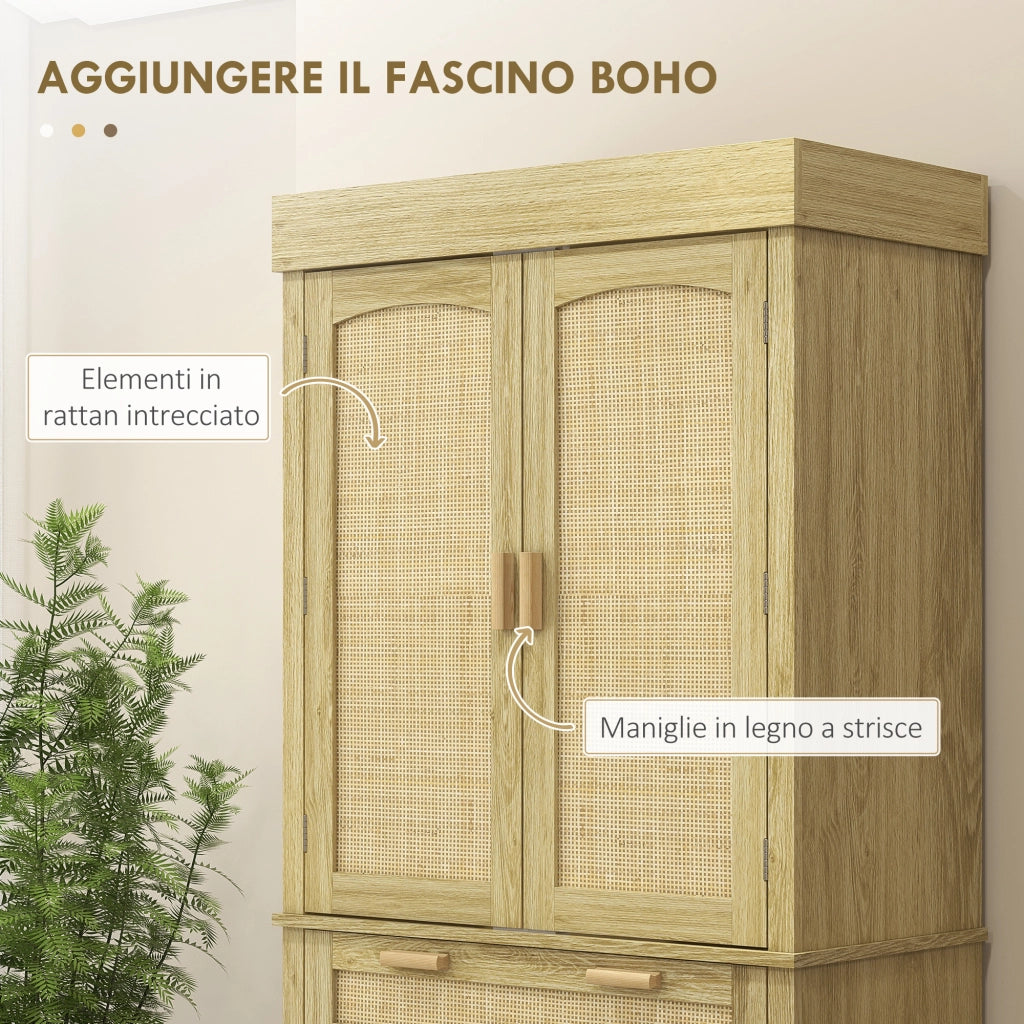 Credenza Cucina Boho 2 Ante Cassetto Portaspezie ¨C Xylo ¨C Legno Rattan Rovere 76x40x183cm