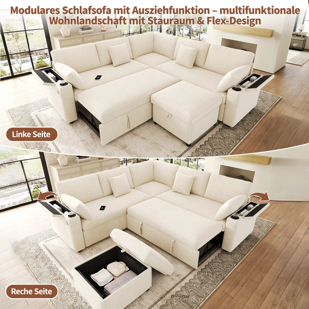 Divano angolare convertibile con pouf contenitore USB Type-C portabicchieri e vani bracciolo in chenille beige