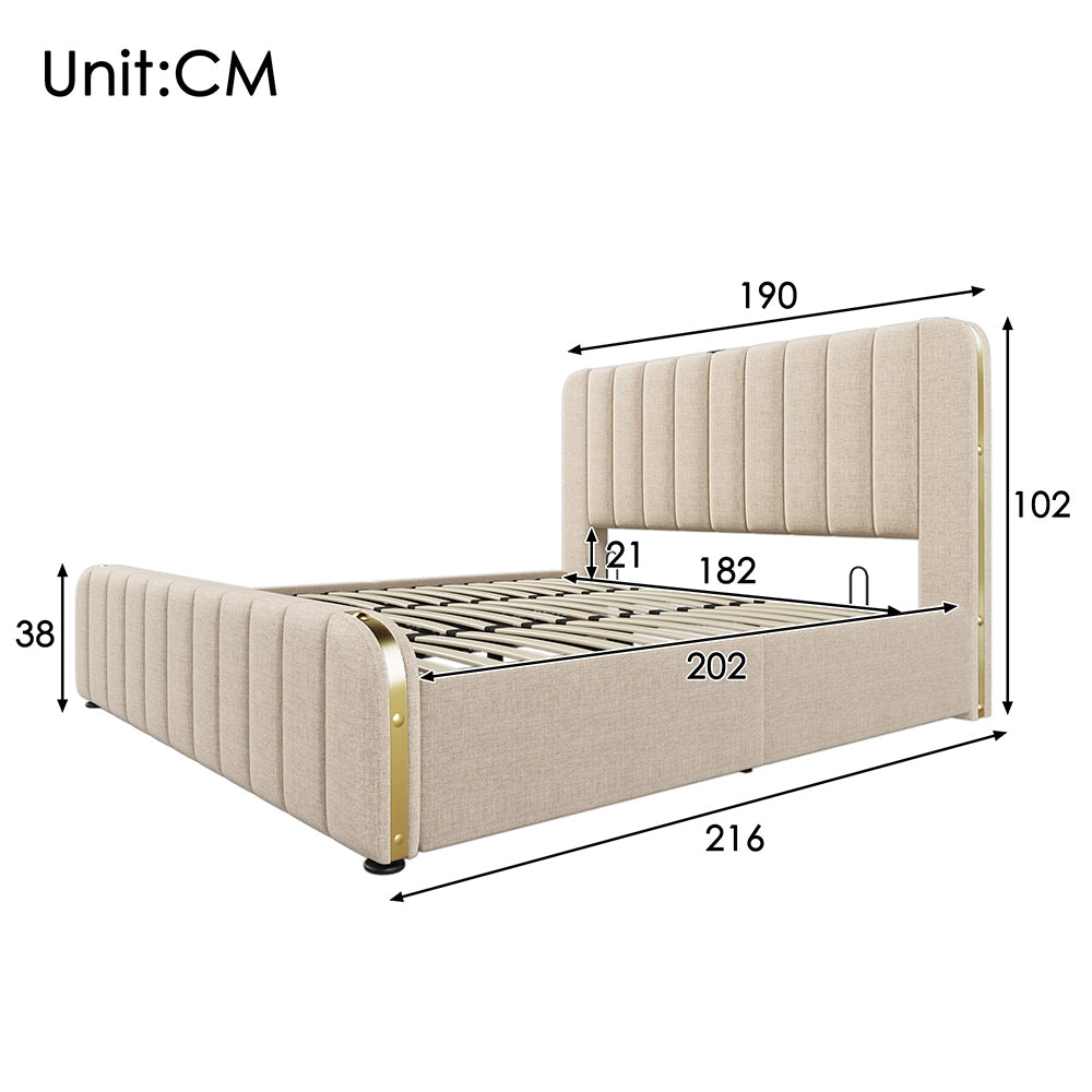 Letto con testiera imbottita - Xylo - 180x200 cm - Beige - Funzione di ricarica USB Type-C
