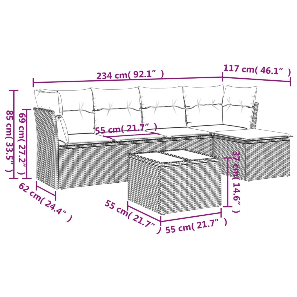 Set Divano da Giardino 6 pz con Cuscini Nero in Polyrattan