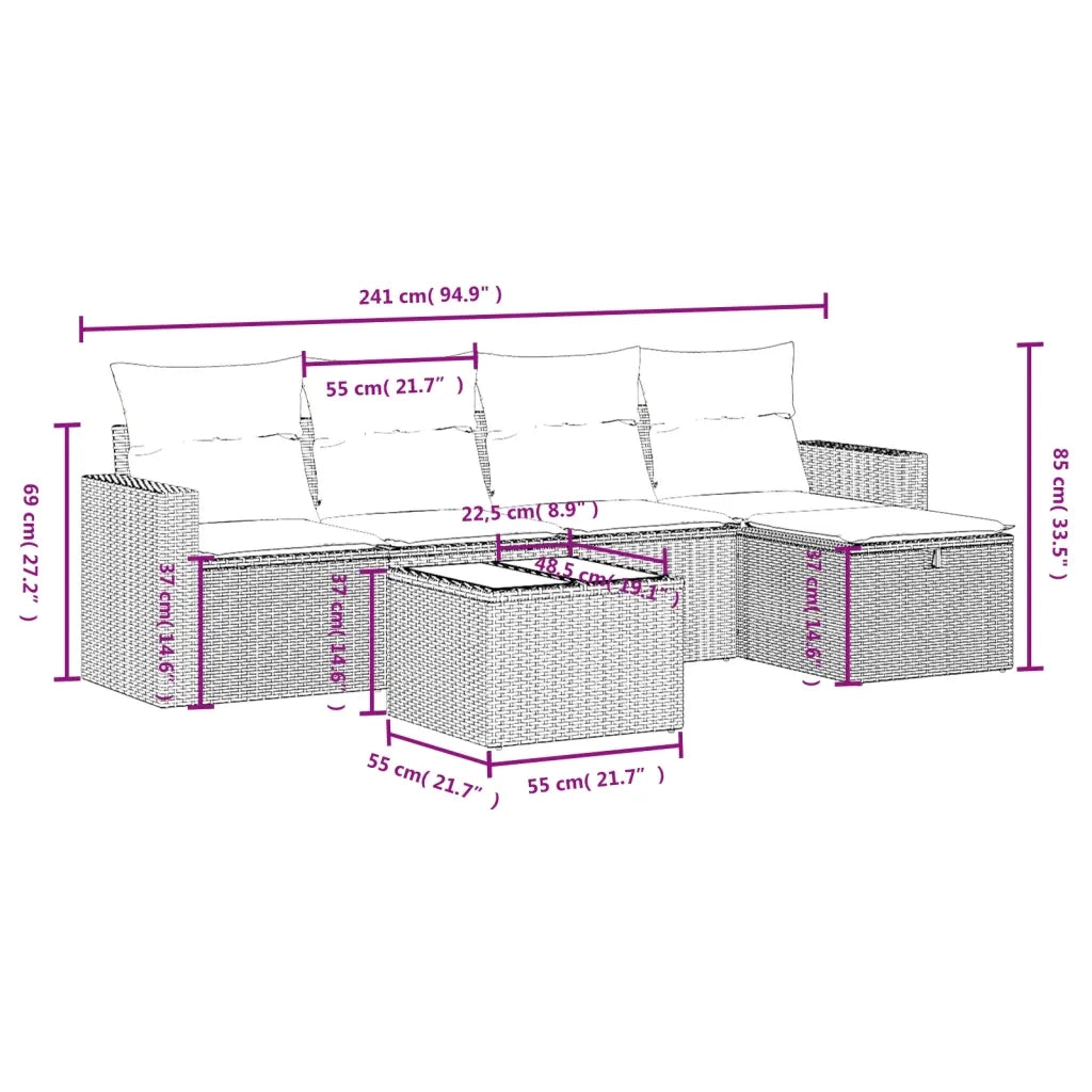 Set Divano da Giardino 6 pz con Cuscini Nero in Polyrattan 3263472
