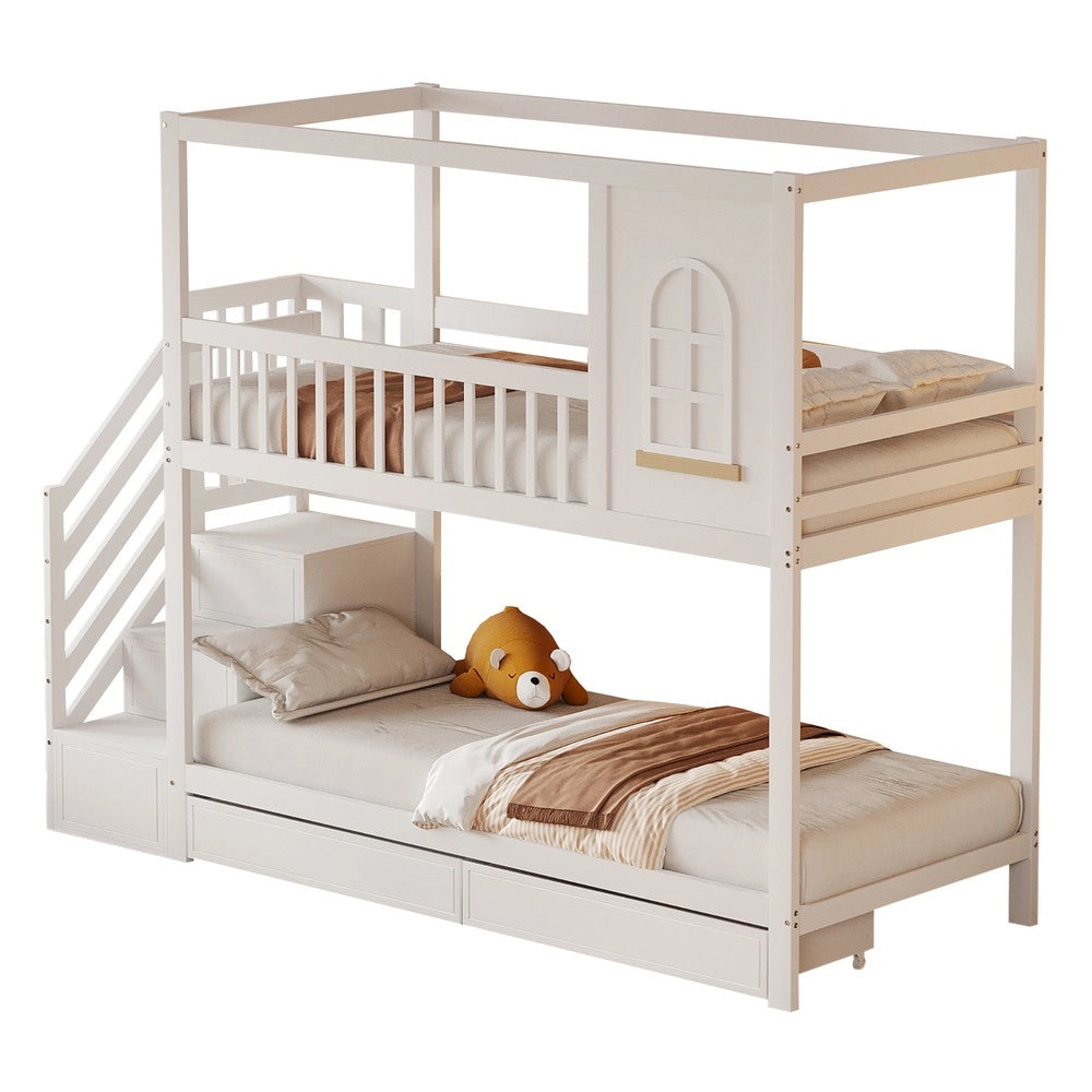 Letto a Castello Bambini in Legno Massello con Cassetti ¨C Xylo ¨C Bianco 90x200